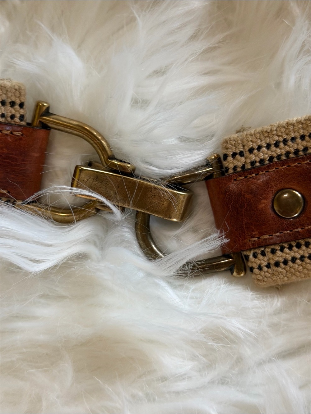 J. Crew Tan Canvas Belt with Brown Leather Accents and Brass Clip - Picture 2 of 4